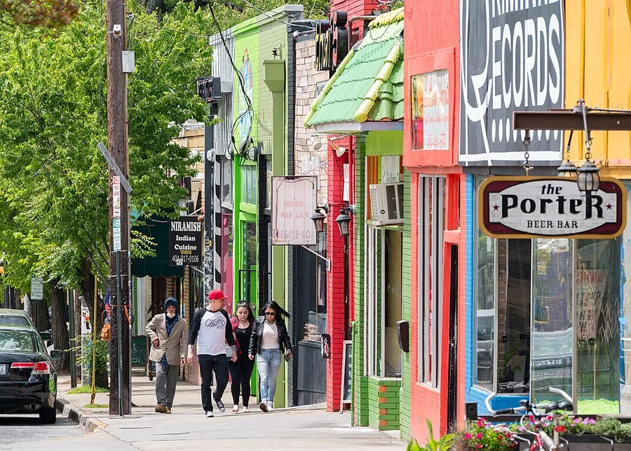 Little Five Points street scene looking along the west side of Euclid Avenue in Atlanta, Georgia