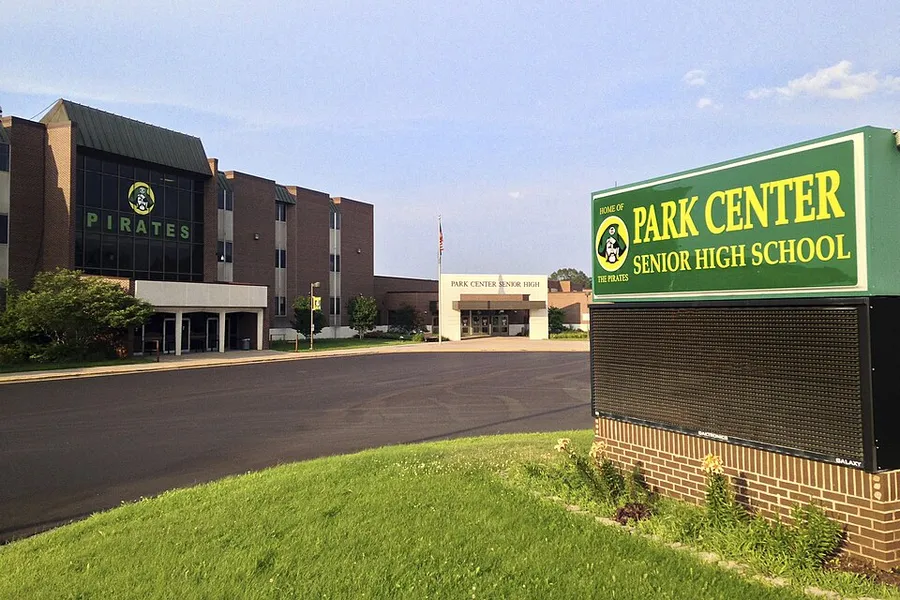Park Center Senior High School, front entrance, August 3, 2014 in Brooklyn Park, Minnesota