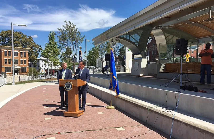 Dannel Malloy speaking at Parkville CTfastrak station, August 2016 in Hartford, Connecticut