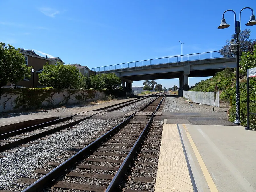 Track crossing at Hayward station, July 2018 in Hayward, California