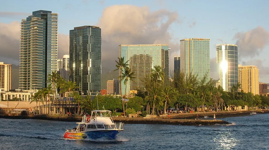 Skyline and boat from Kaka'ako Waterfront Park in Honolulu, Hawaii