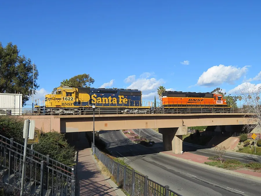 BNSF locomotives over Railroad Avenue in Pittsburg, February 2018 in Pittsburg, California