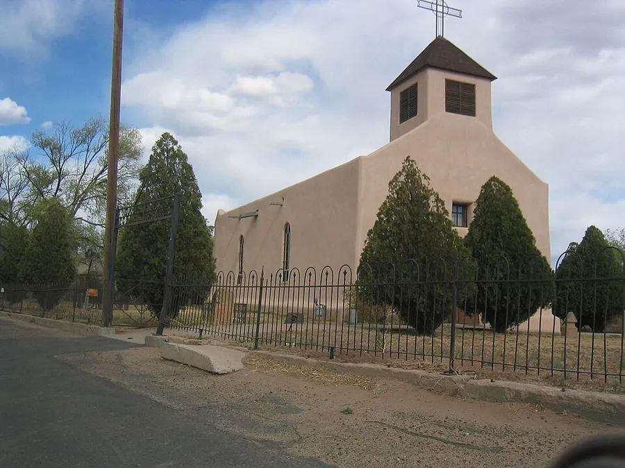 A view of San Isidro Catholic Church looking towards Santa Fe, on Agua Fria Road in Santa Fe, NM in Santa Fe, New Mexico