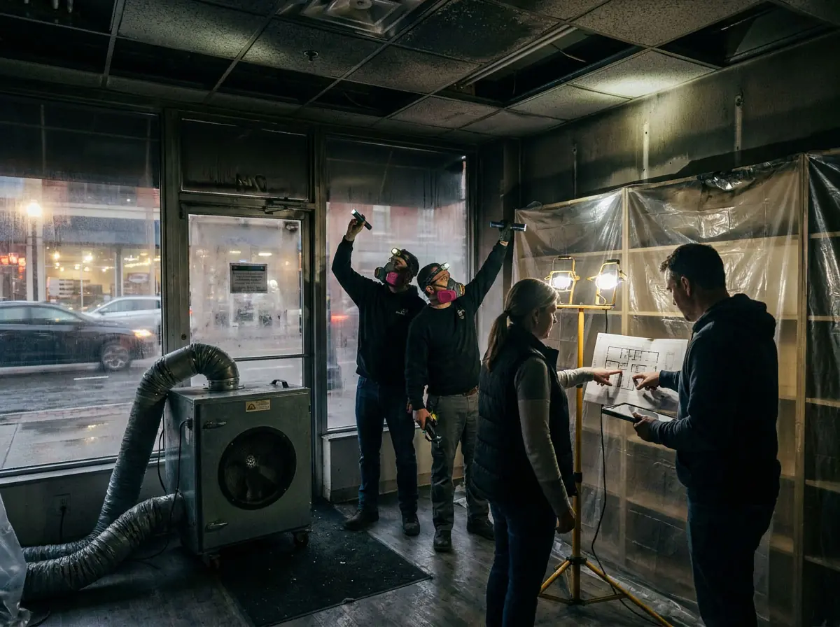 Restoration team assessing smoke and fire damage inside a commercial property
