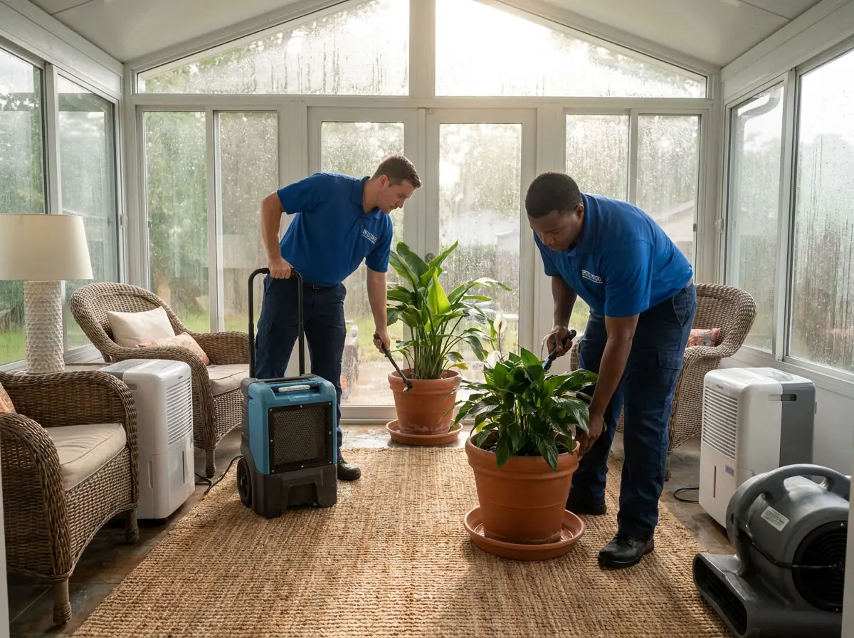 Technicians measuring moisture and operating drying equipment in a water-affected room